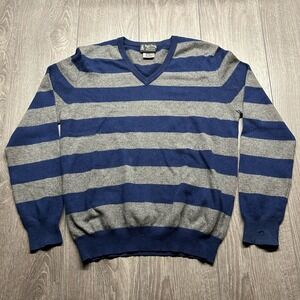 Psycho Bunny Mens Medium Cashmere V-Neck Sweater Blue Gray Striped Prep